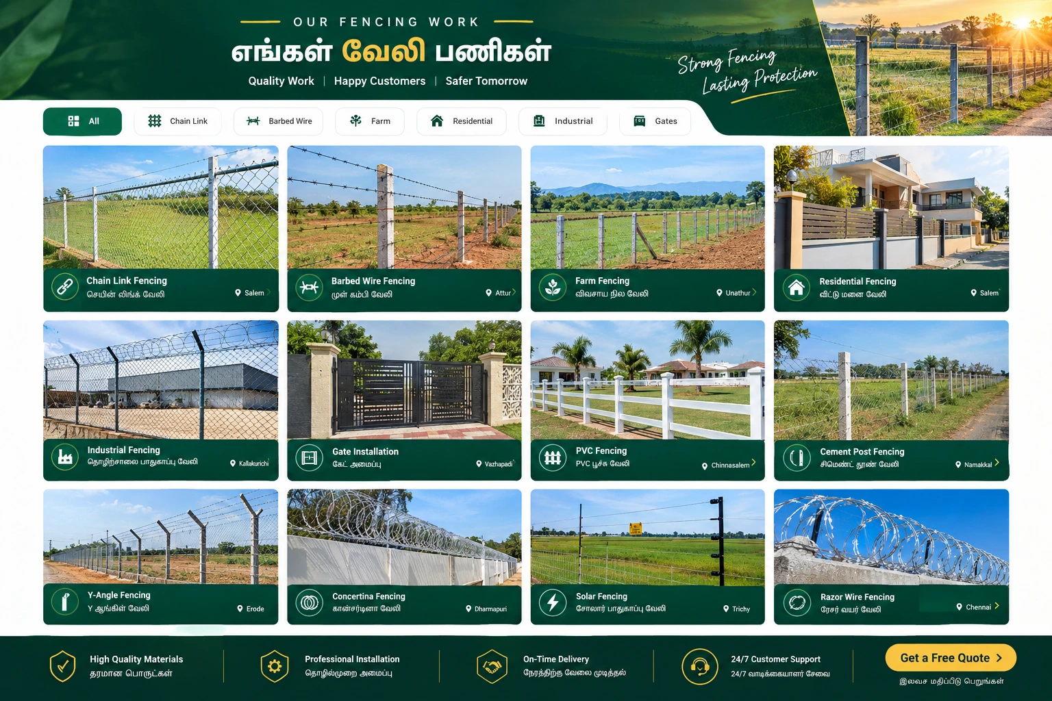 Premium fencing work showcase - chain link, barbed wire, farm, residential, industrial and gate fencing